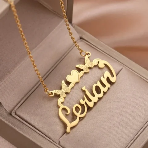 Lyba Personalised Single Name Necklace – Ribbon, Butterflies & Hearts Custom For Her Cute Unique Jewellery Gift.
